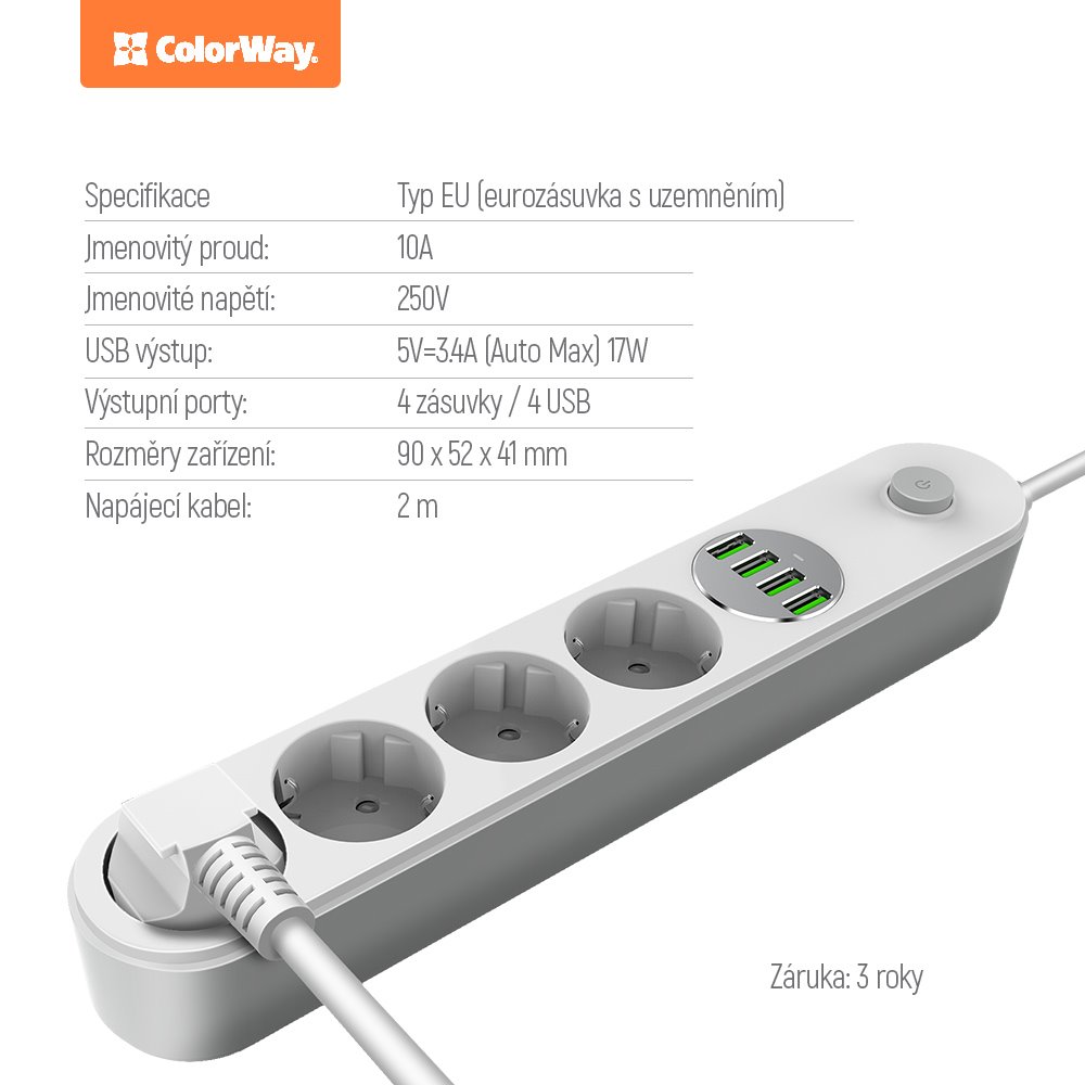 COLORWAY Prodlužovací napájecí přívod/ 4x Schuko/ 4x USB 5V / kabel 2m