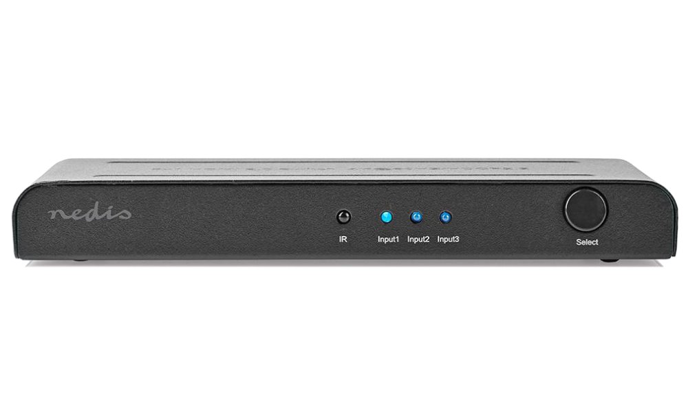NEDIS HDMI přepínač/ 3x HDMI vstup/ 1x HDMI výstup/ 4K@60Hz/ dálkové ovládání/ box/ kov/ antracit