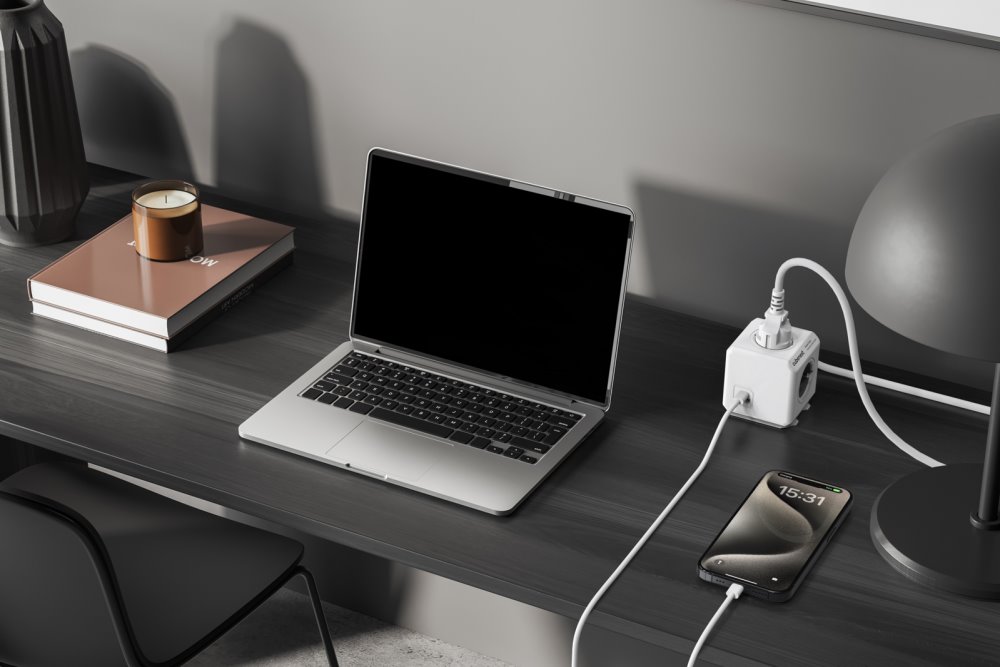 Cubenest Powercube Extended USB PD 20W, A+C, 4× zásuvka, 1,5m, bílá/šedá,  dětská pojistka, uzemnění, dok, 10A/250V