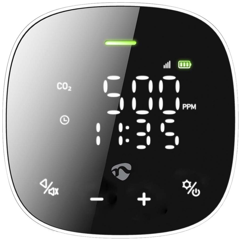 NEDIS Wi-Fi chytrý monitor kvality ovzduší/ včetně displeje/ Oxid uhličitý (CO2)/ teplota / vlhkost/ černo-bílý