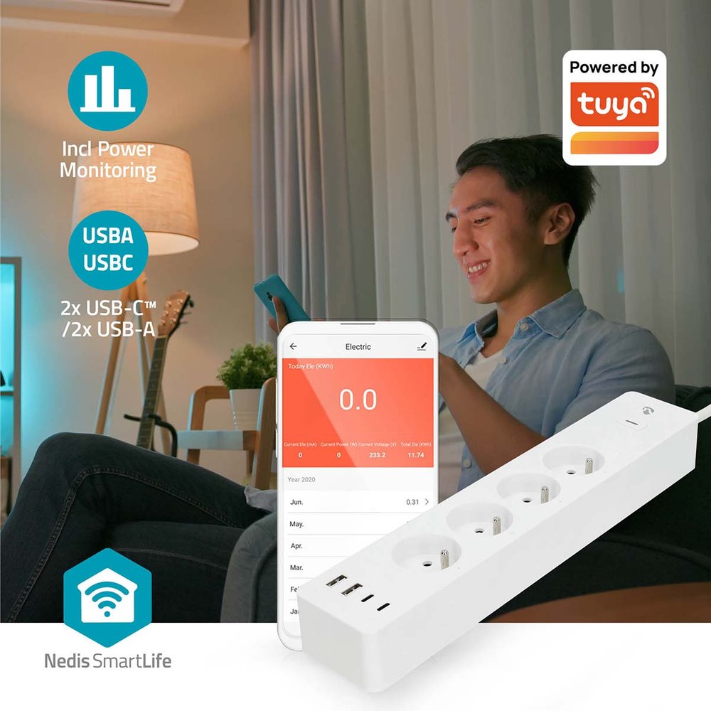 NEDIS Wi-Fi chytrý prodlužovací přívod/ 3x zásuvka typu E/ 16A/ 2x USB-A/ 2x USB-C/ 2m/ Android/ iOS/ bílá