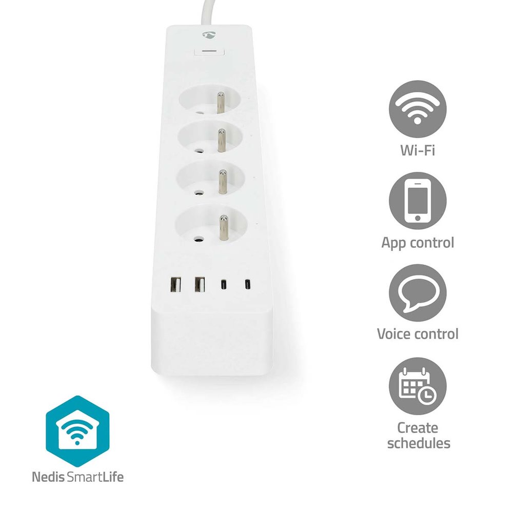 NEDIS Wi-Fi chytrý prodlužovací přívod/ 3x zásuvka typu E/ 16A/ 2x USB-A/ 2x USB-C/ 2m/ Android/ iOS/ bílá