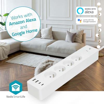 NEDIS Wi-Fi chytrý prodlužovací přívod/ 3x zásuvka typu E/ 16A/ 2x USB-A/ 2x USB-C/ 2m/ Android/ iOS/ bílá
