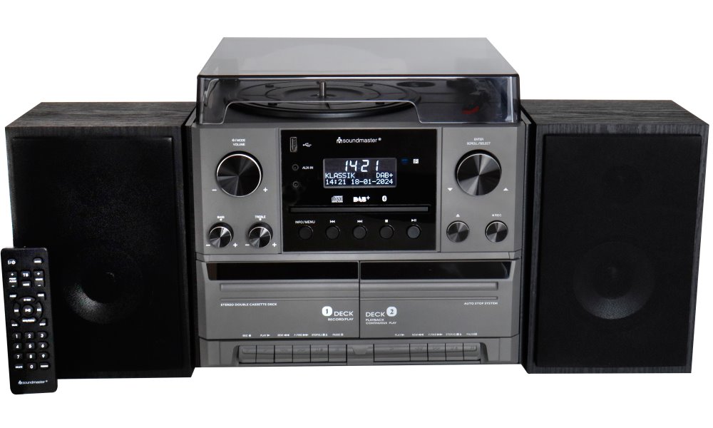 Soundmaster Elite line MCD5600SW/ Gramofon/ CD/ 2x kazeta/ BT/ DAB+/ MP3/ 2x5W/ Stříbrno-černá