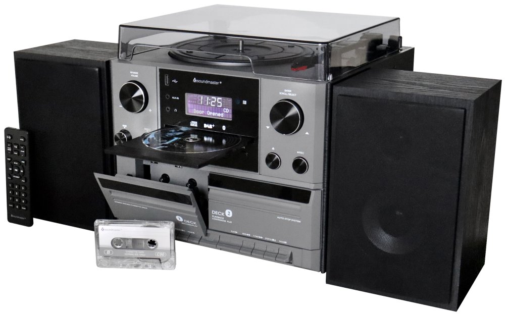 Soundmaster Elite line MCD5600SW/ Gramofon/ CD/ 2x kazeta/ BT/ DAB+/ MP3/ 2x5W/ Stříbrno-černá