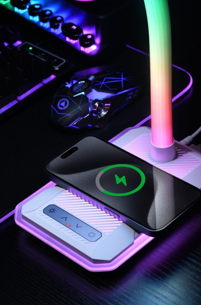 IMMAX LED stolní lampička GAMER RGB/ Qi nabíjení/ RGB/ 250lm/ 5V/2,1A/ USB výstup/ bílá