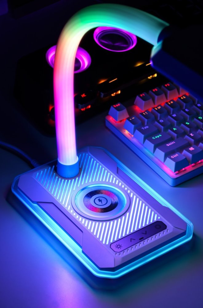 IMMAX LED stolní lampička GAMER RGB/ Qi nabíjení/ RGB/ 250lm/ 5V/2,1A/ USB výstup/ bílá