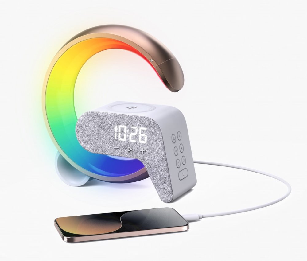 IMMAX LED relaxační lampička FLAMINGO/ Qi nabíjení/ budík/ RGB/ 300lm/ USB výstup/ BT 5.1/ zlatá