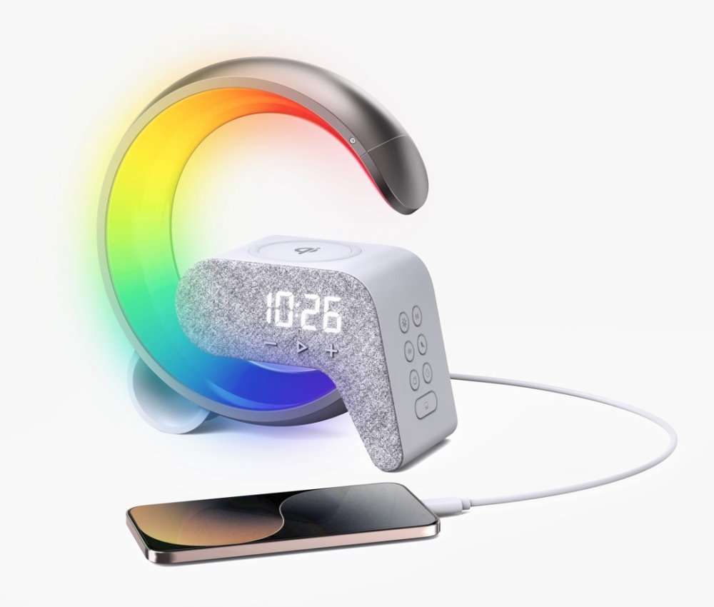 IMMAX LED relaxační lampička FLAMINGO/ Qi nabíjení/ budík/ RGB/ 300lm/ USB výstup/ BT 5.1/ stříbrná