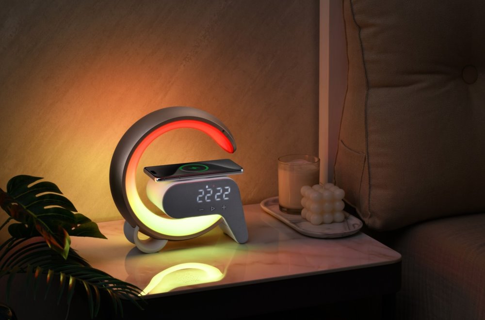IMMAX LED relaxační lampička FLAMINGO/ Qi nabíjení/ budík/ RGB/ 300lm/ USB výstup/ BT 5.1/ zlatá