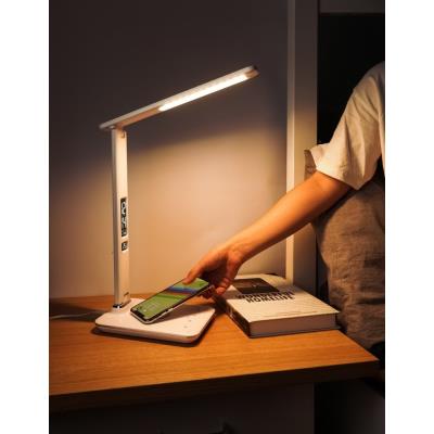 IMMAX LED stolní lampička Kingfisher/ Qi nabíjení/ 8,5W/ 400lm/ 12V/2,5A/ 3 barvy světla/ sklápěcí rameno/ bílá