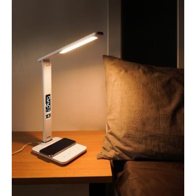 IMMAX LED stolní lampička Kingfisher/ Qi nabíjení/ 8,5W/ 400lm/ 12V/2,5A/ 3 barvy světla/ sklápěcí rameno/ bílá