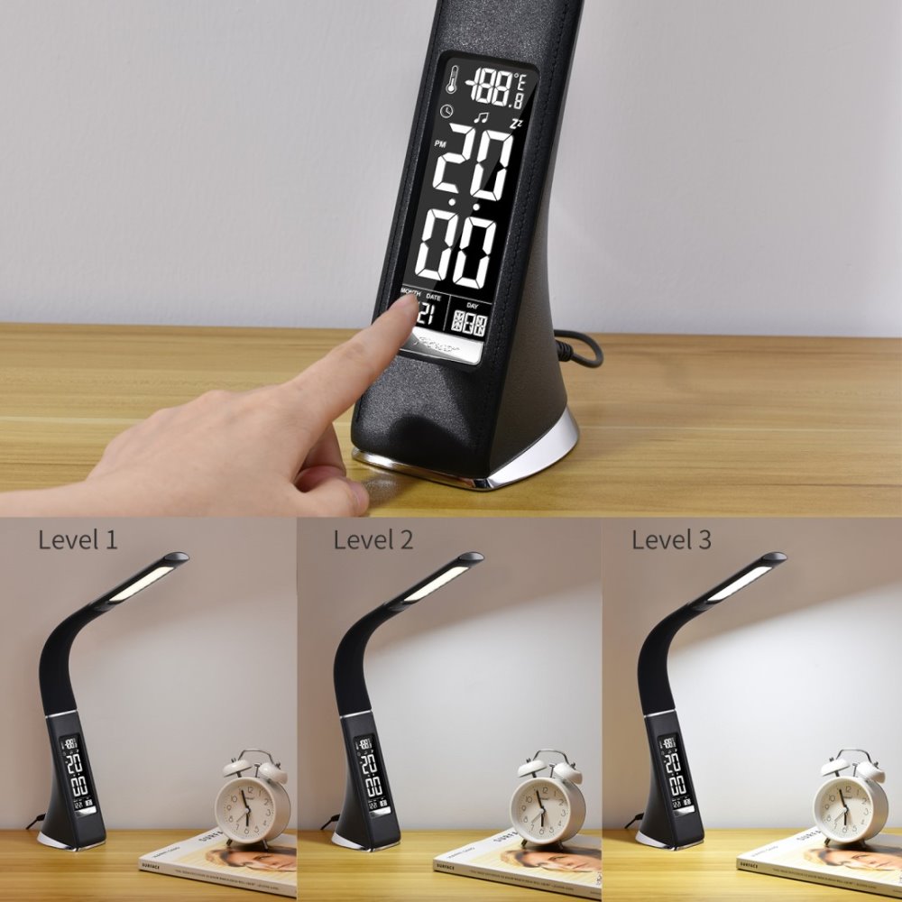 IMMAX LED stolní lampička Leather/ 6,5W/ 300lm/ 5V/1A/ 3 barvy světla/ flexibil. rameno/ možnost vypnutí LCD/ USB/ černá