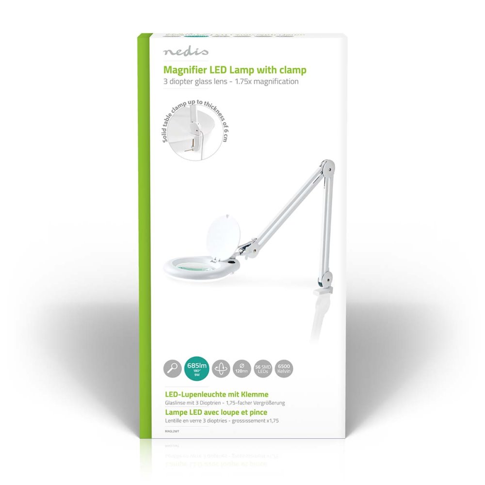 NEDIS zvětšovací stolní LED lampa/ čočka 3 dioptrie/ spotřeba 9 W/ teplota 6500 K/ světelný tok 720 lm/ bílá
