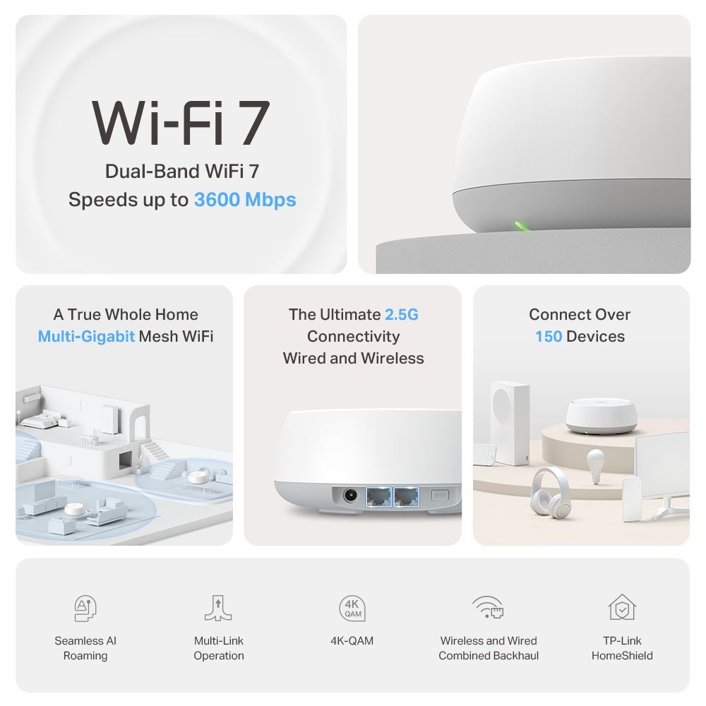 TP-Link Deco BE25 Mesh systém BE3600, WiFi 7, 688MBps na 2,4GHz, 2880Mbps na 5GHz, 2x 2,5GLAN, 3ks v balení