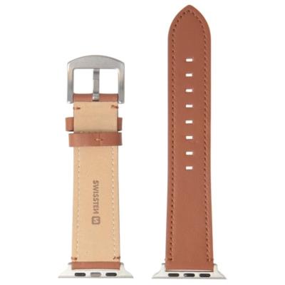 Swissten řemínek pro apple watch kožený 42 / 44 / 45 / 49 mm hnědý (stříbrná spona a stříbrné poutko)