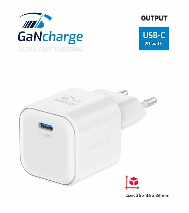 Swissten síťový adaptér gan 1x usb-c 20w power delivery bílý