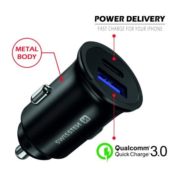 Swissten cl adaptér power delivery usb-c + quick charge 3.0 36w metal černý