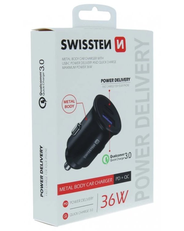 Swissten cl adaptér power delivery usb-c + quick charge 3.0 36w metal černý