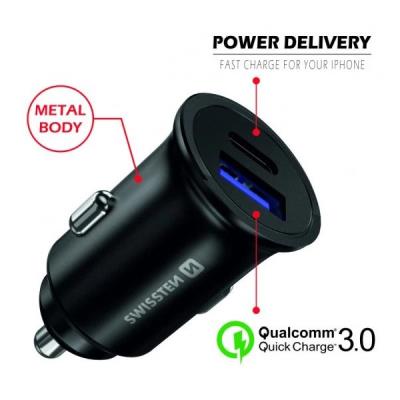 Swissten cl adaptér power delivery usb-c + quick charge 3.0 36w metal černý