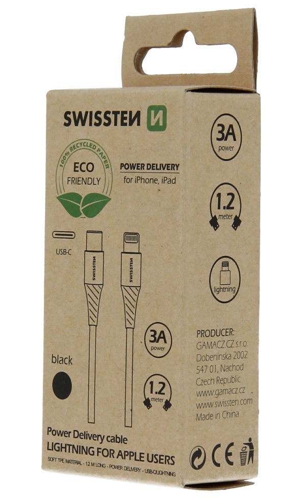 Swissten datový kabelusb-c/lightning černý 1,2m  (eco balení)