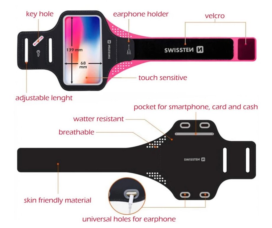 Swissten pouzdro armband case vel. 6,0" růžové