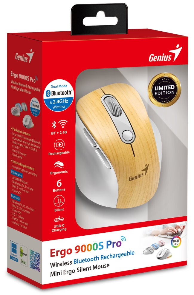 GENIUS Ergo 9000S Pro Pine Wood/ duální Bluetooth+2,4GHz/ 2400dpi/ bezdrátová/ 6 tlačítek/ dobíjecí/ RGB/ barva borovice