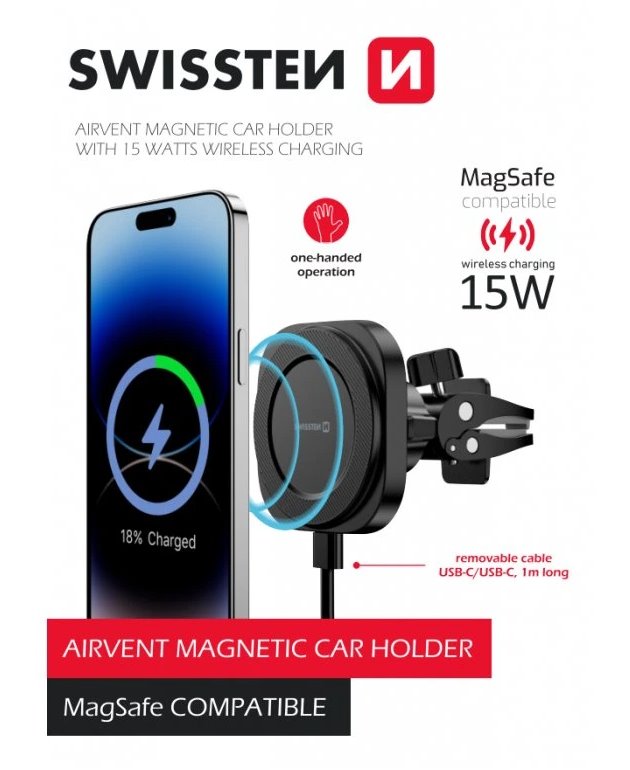 Swissten magnetický držák do ventilace autamagstick compact s bezdrátovým nabíjením 15w/7,5w (kompatibilní s magsafe)