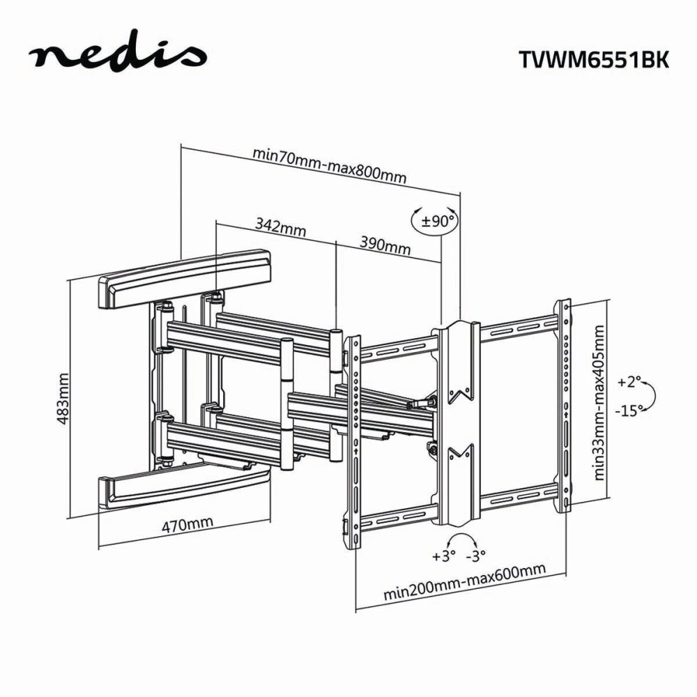 NEDIS nástěnný TV držák/ 37 - 80"/ nosnost 70 kg/ polohovatelný/ ocel/ černý