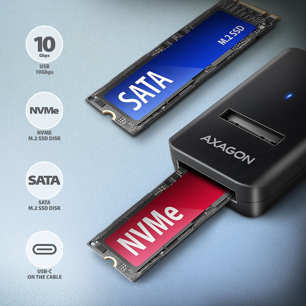 AXAGON USB-C adaptér pro připojení M.2 NVMe SSD / ADM2-CM / USB-C / USB 3.2 Gen2 / USB-C kabel 10cm