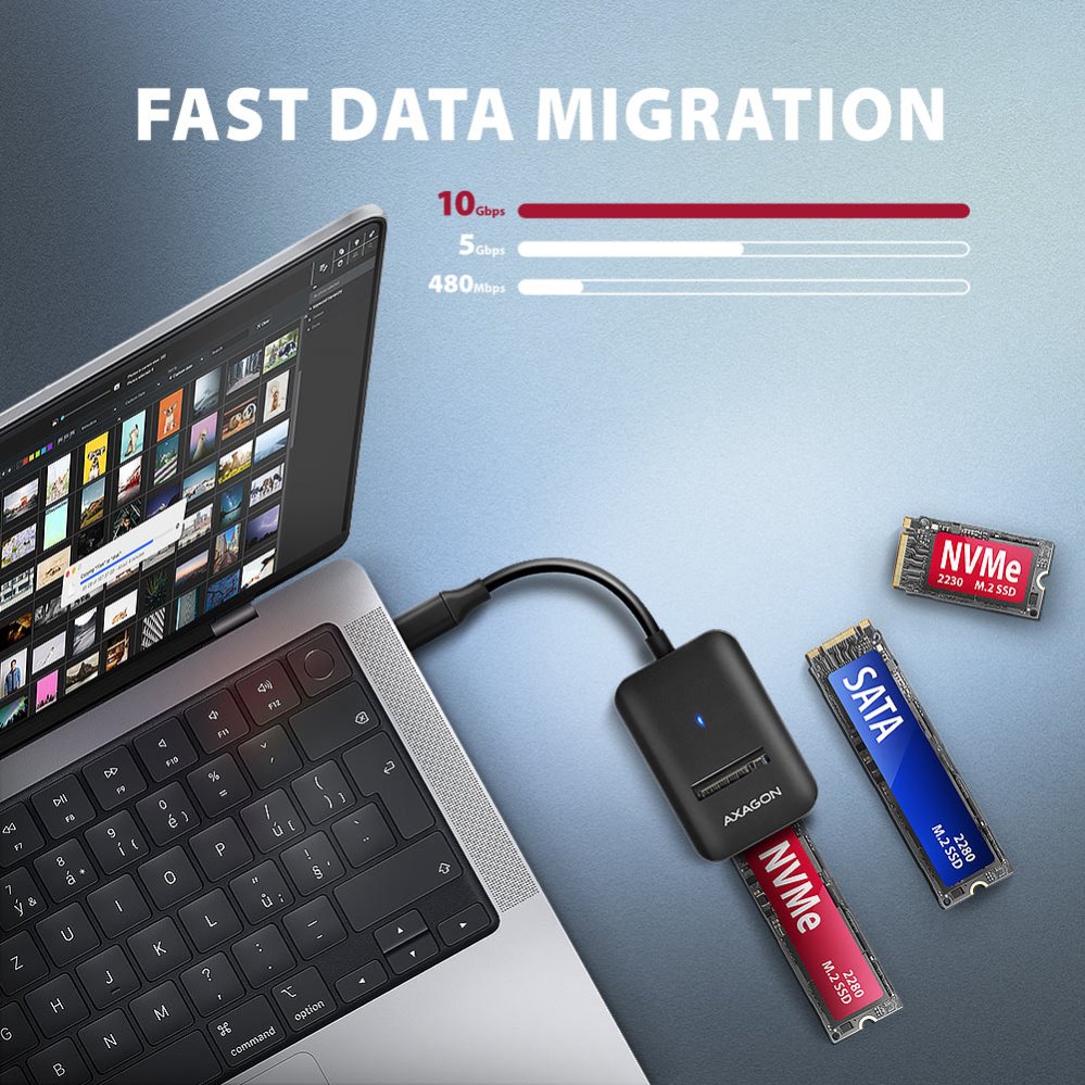 AXAGON USB-C adaptér pro připojení M.2 NVMe SSD / ADM2-CM / USB-C / USB 3.2 Gen2 / USB-C kabel 10cm