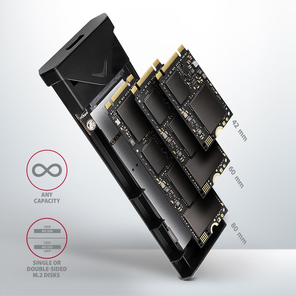 AXAGON box na M.2 NVMe SSD / EEM2-UB2 / USB-C / USB 3.2 Gen2 / černý / kabel 20cm USB-C na USB-C