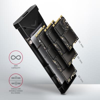 AXAGON box na M.2 NVMe SSD / EEM2-UB2 / USB-C / USB 3.2 Gen2 / černý / kabel 20cm USB-C na USB-C