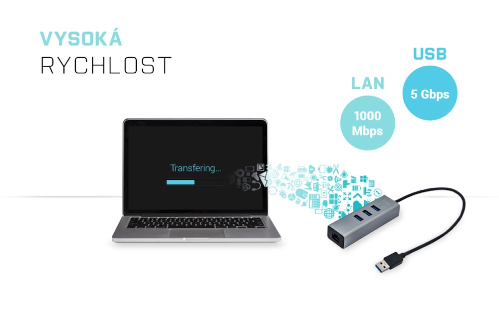 i-tec USB 3.0 HUB METAL/ 3 porty/ USB 3.0 na Gigabit Ethernet adaptér (RJ45)/ šedý