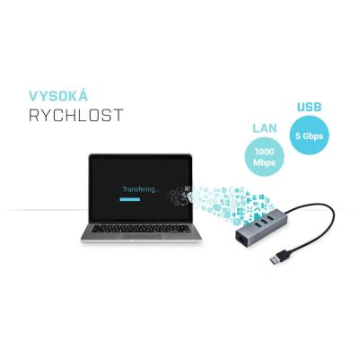 i-tec USB 3.0 HUB METAL/ 3 porty/ USB 3.0 na Gigabit Ethernet adaptér (RJ45)/ šedý