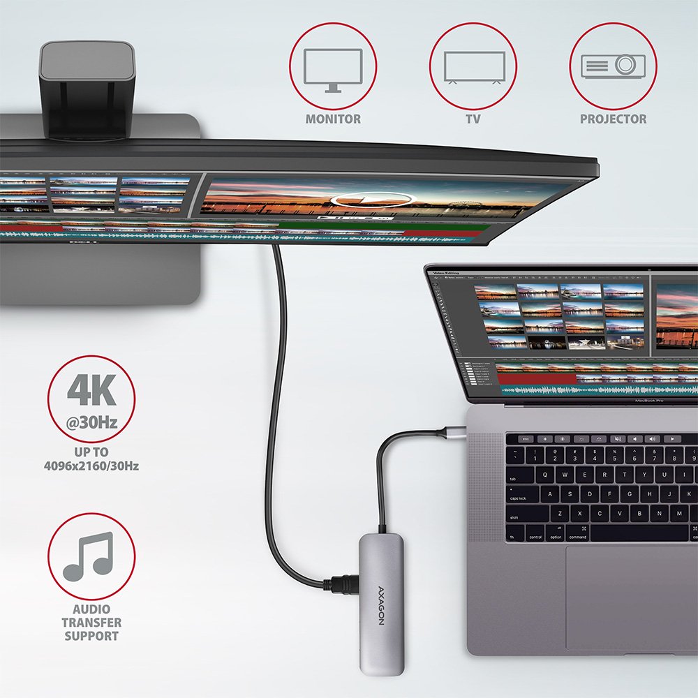 AXAGON hub USB-C / HMC-5 / USB 3.2 Gen1 / 1x USB-C / 2x USB-A / 1x HDMI / microSD/SD / 100W PD / 0,2m