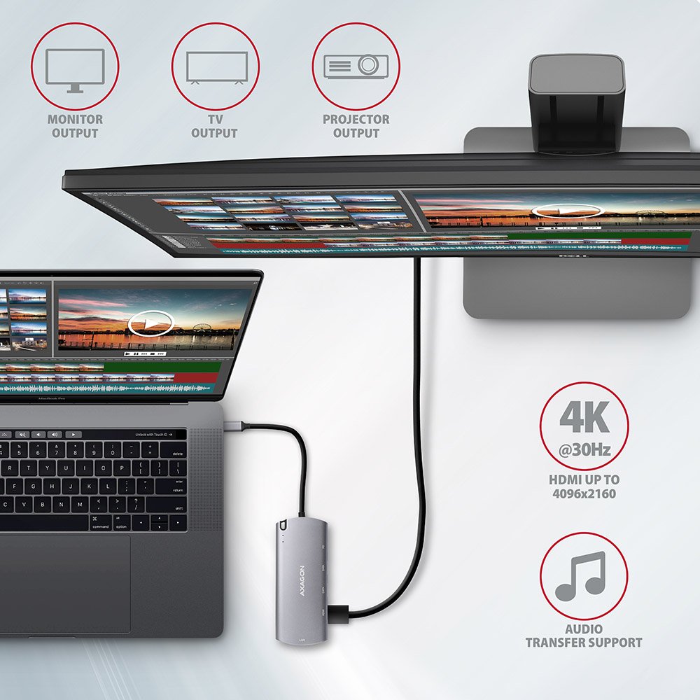 AXAGON hub USB-C / HMC-6M2 / USB 3.2 Gen1 / 2x USB-A / HDMI / GLAN / SATA M.2 / 100W PD / 0,1m