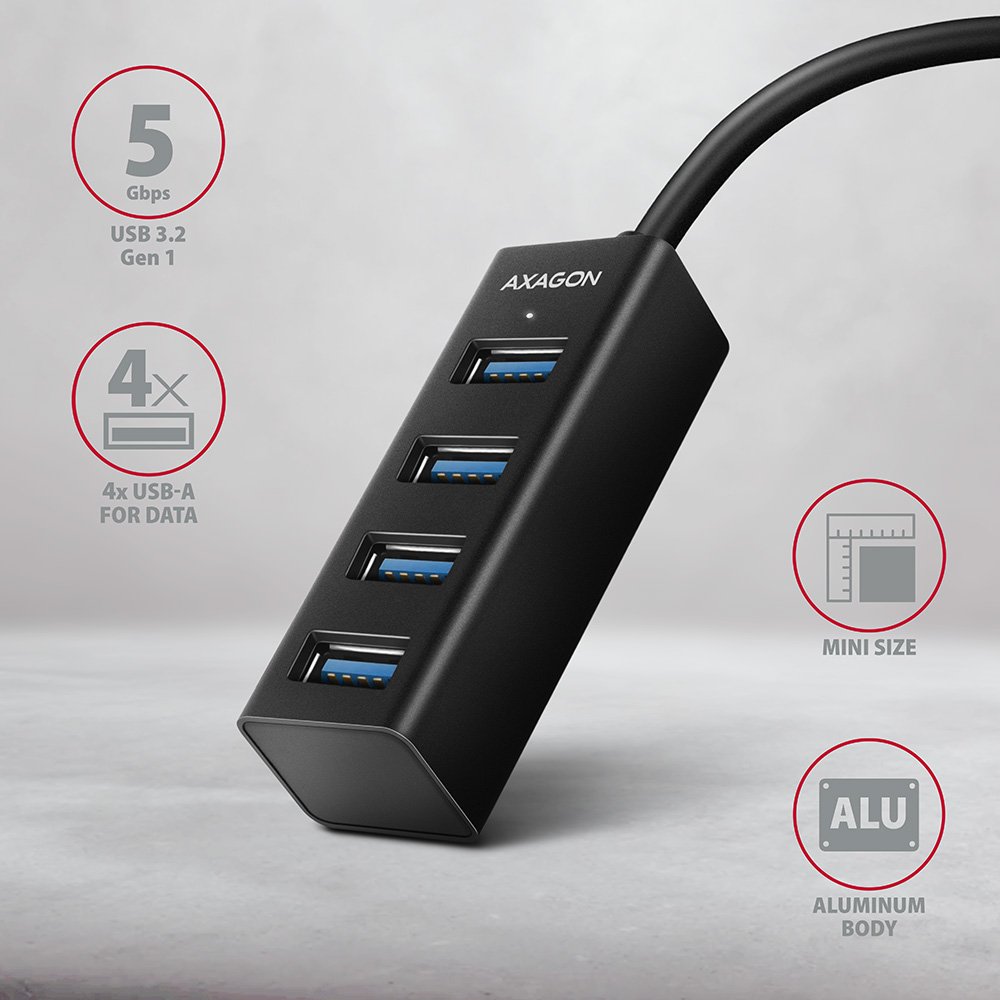 AXAGON MINI hub USB-A / HUE-M1AL / USB 3.2 Gen1 / 4x USB-A / kovové tělo / 1,2m
