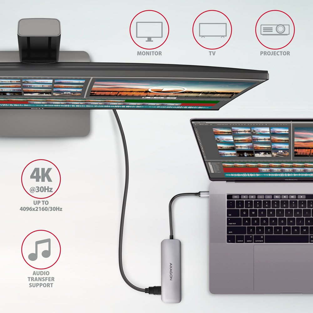 AXAGON hub USB-C 5v1 / HMC-HCR3A / USB 3.2 Gen1 / 3x USB-A / HDMI / MicroSD/SD / kovové tělo / 0,2m