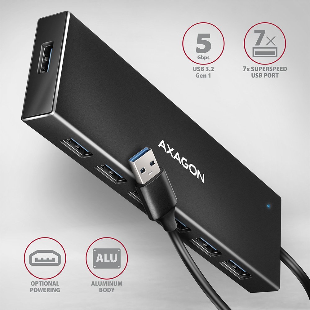 AXAGON hub USB-A / HUE-F7A / USB 3.2 Gen1 / 7x USB-A / hliníkové tělo / 1m
