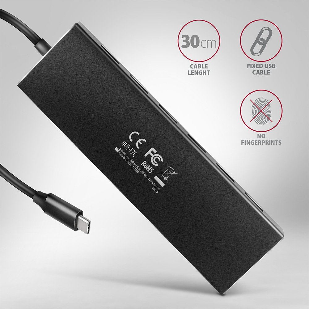 AXAGON hub USB-C / HUE-F7A / USB 3.2 Gen1 / 7x USB-A / hliníkové tělo / 0,3m