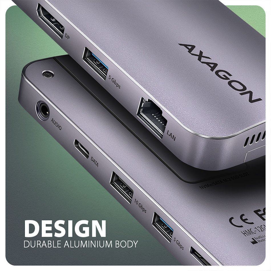 AXAGON multi hub USB-C / HMC-12GM2 / USB 3.2 Gen1 / 1x PD / 1x HDMI / 1x USB-C / 1x USB-A / SD/micro SD / 1x M.2 / RJ-45