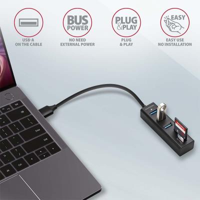 AXAGON hub USB-A / HMA-CR3A / USB 3.2 Gen1 / 3x USB-A / MicroSD/SD / kovové tělo / 0,2m