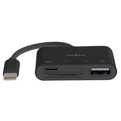 NEDIS USB hub/ 1x USB-C/ 1x USB-A/ 1x USB-C/ 4 porty port/ USB 2.0/ napájení z USB/ SD & MicroSD/ čerrný/ blistr