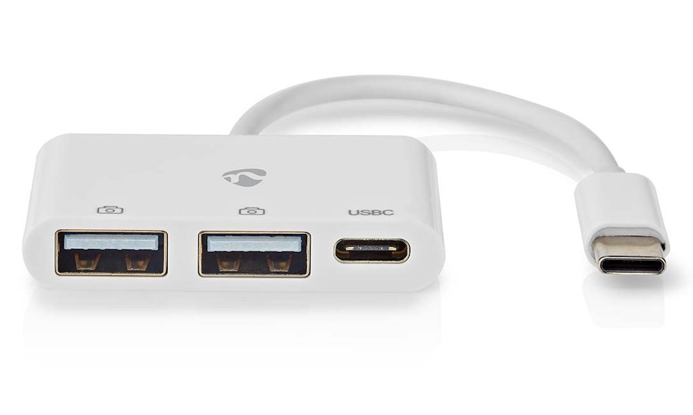 NEDIS USB hub/ 1x zástrčka USB-C/ 1x zásuvka USB-C/ 2x zásuvka USB-A/ 3 porty/napájení z USB/ bílý/ blistr