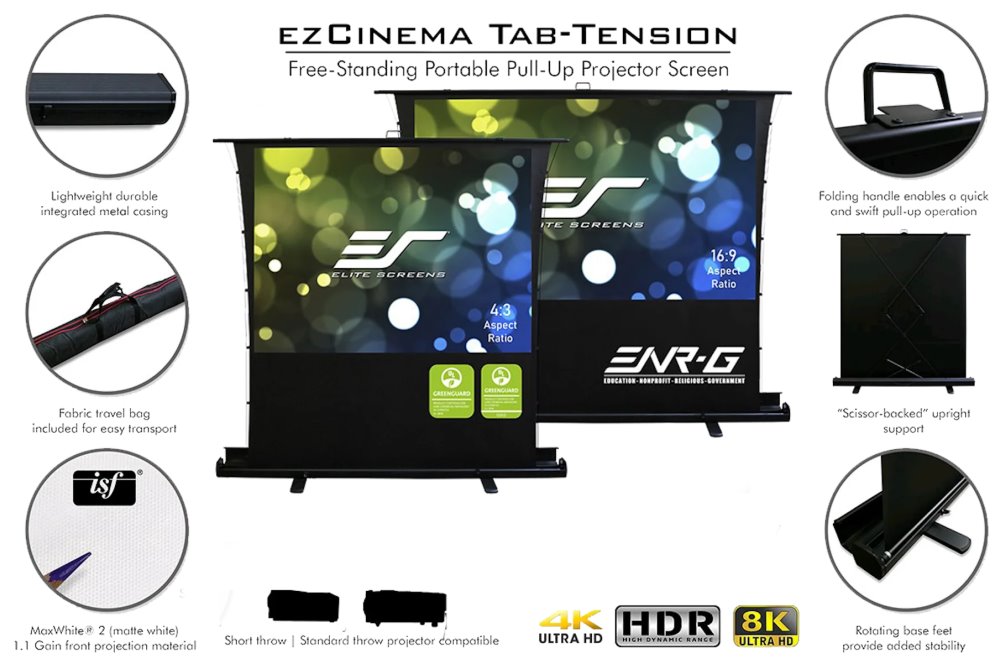 ELITE SCREENS plátno teleskopické od podlahy vzhůru 92" (233,7cm)/ 16:9/ 114,6×203,7cm/ gain 1.1/ case černý