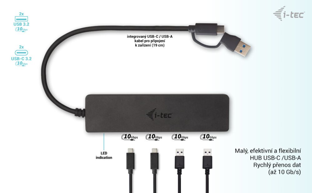 i-tec USB-A/USB-C Metal HUB 2x USB 3.1 + 2x USB-C