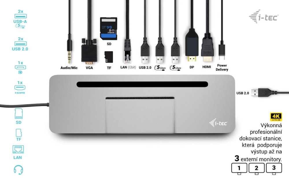 OPRAVENÉ - i-tec dokovací stanice USB-C/ 4K Triple Display/ DP/ HDMI/ VGA/ 2x USB 3.0/ 2x USB 2.0/ LAN/ Power Delivery 8...