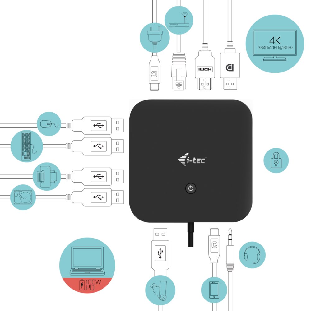 i-tec dokovací stanice/ 2x USB-C/ HDMI/ DP/ 3x USB 3.0/ 2x USB 2.0/ LAN/ PD 100W + univerzální nabíječka 112W
