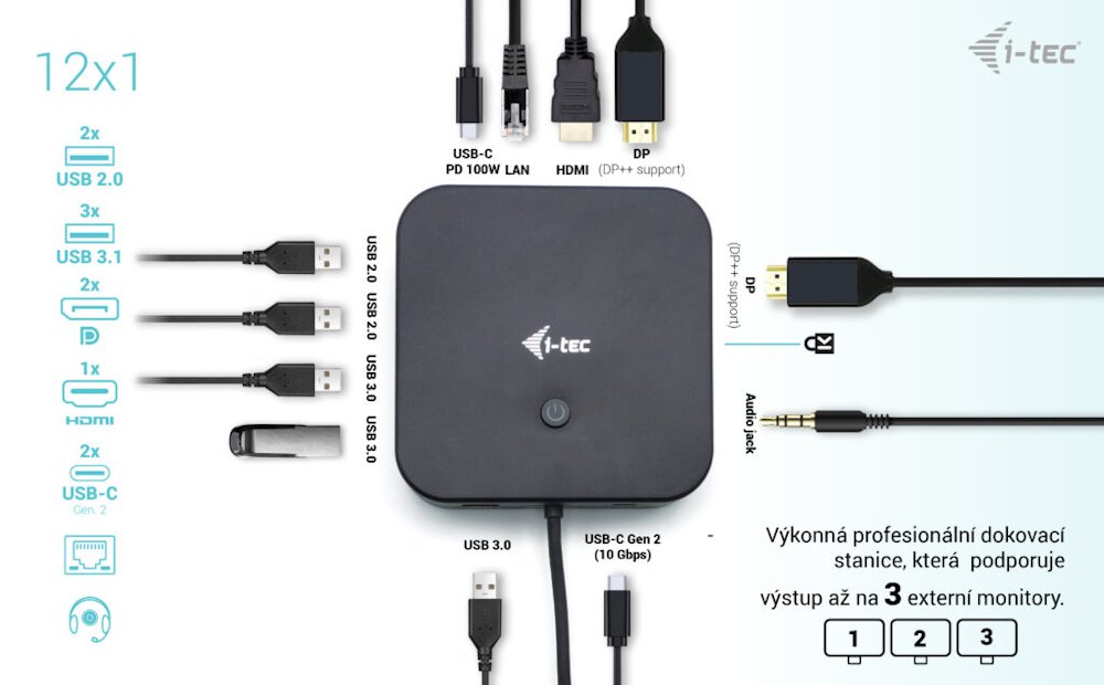 i-tec dokovací stanice/ 2x USB-C/ 2x USB 2.0/ 3x USB 3.0/ HDMI/ 2x DP/ LAN/ Power Delivery 100 W + univ. nabíječka 100 W